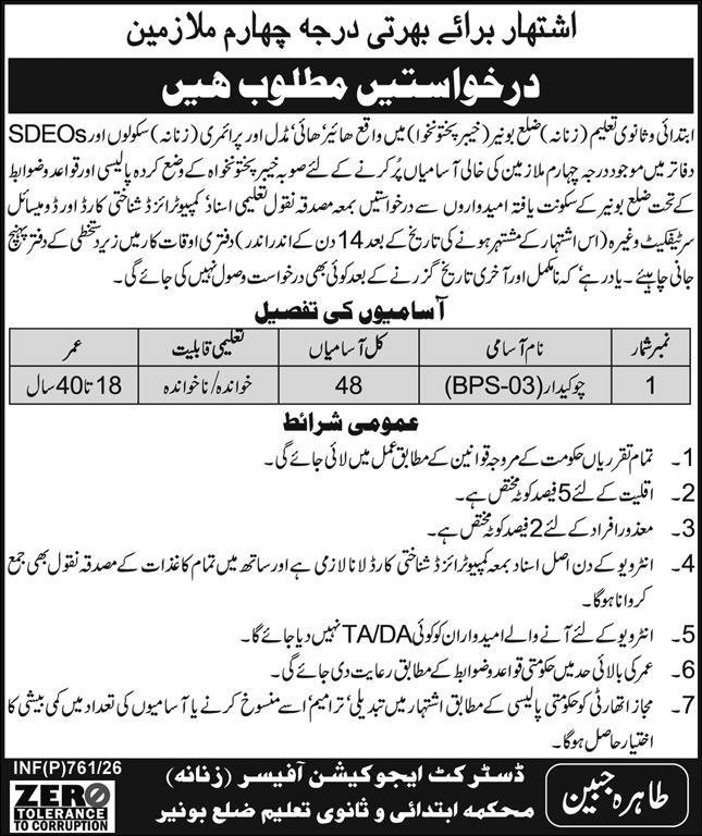 Education Department Female Buner Jobs 2026 For Chowkidar – Elementary & Secondary Education Department KPK Jobs 2026 — original advertisement