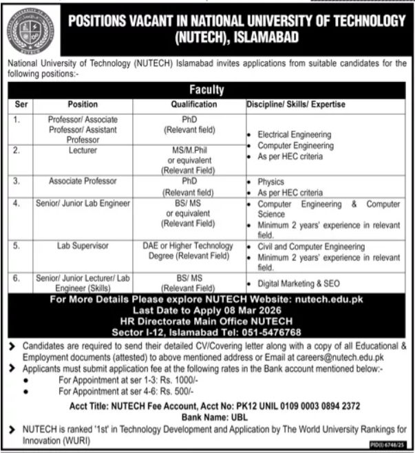 NUTECH National University Of Technology Islamabad Jobs 2026 – National University of Science & Technology Islamabad Jobs 2026 — original advertisement