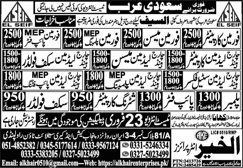 Chargehand MEP Pipe Fitting & Scaffolder Jobs 2026 – Al Khair Enterprises Jobs 2026 — original advertisement
