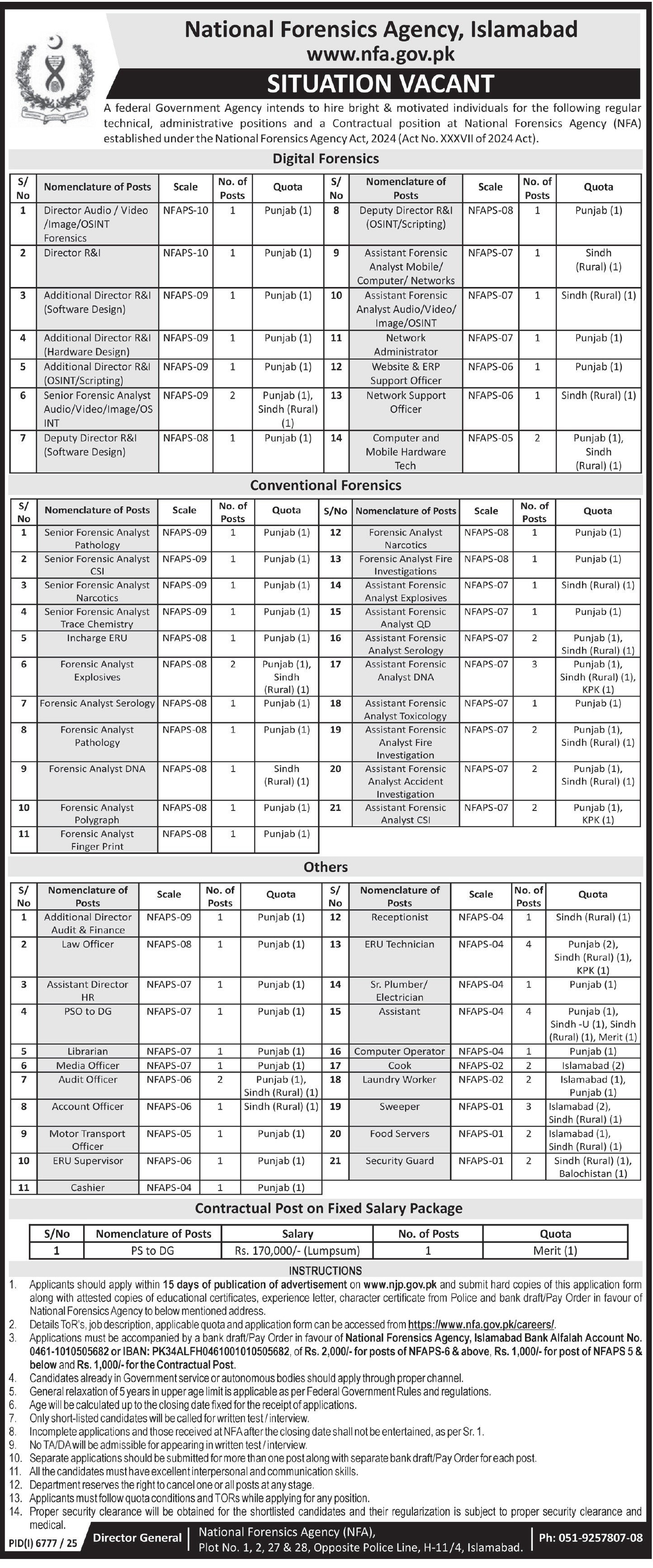 National Forensics Agency NFA Islamabad Jobs 2026 – Punjab Forensic Science Agency PFSA Jobs 2026 — original advertisement