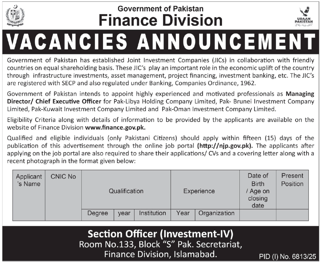 Finance Division Islamabad Jobs 2026 For Managing Director Jobs 2026 — original advertisement