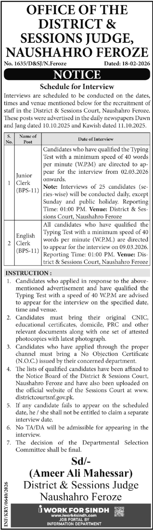 District & Session Court Naushahro Feroze Jobs 2026 – District & Session Judge Jobs 2026 — original advertisement