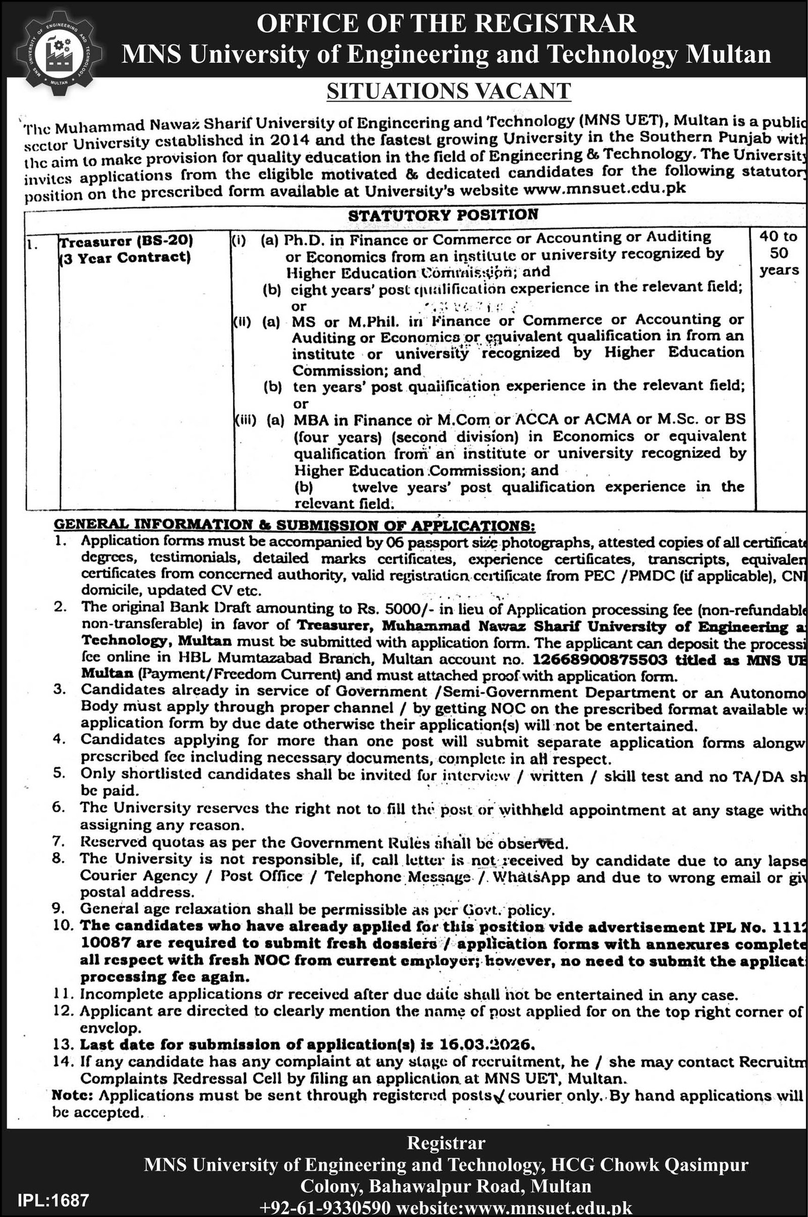 MNS University Of Engineering And Technology Multan Job 2026 – MNS-University of Agriculture, Multan. Jobs 2026 — original advertisement