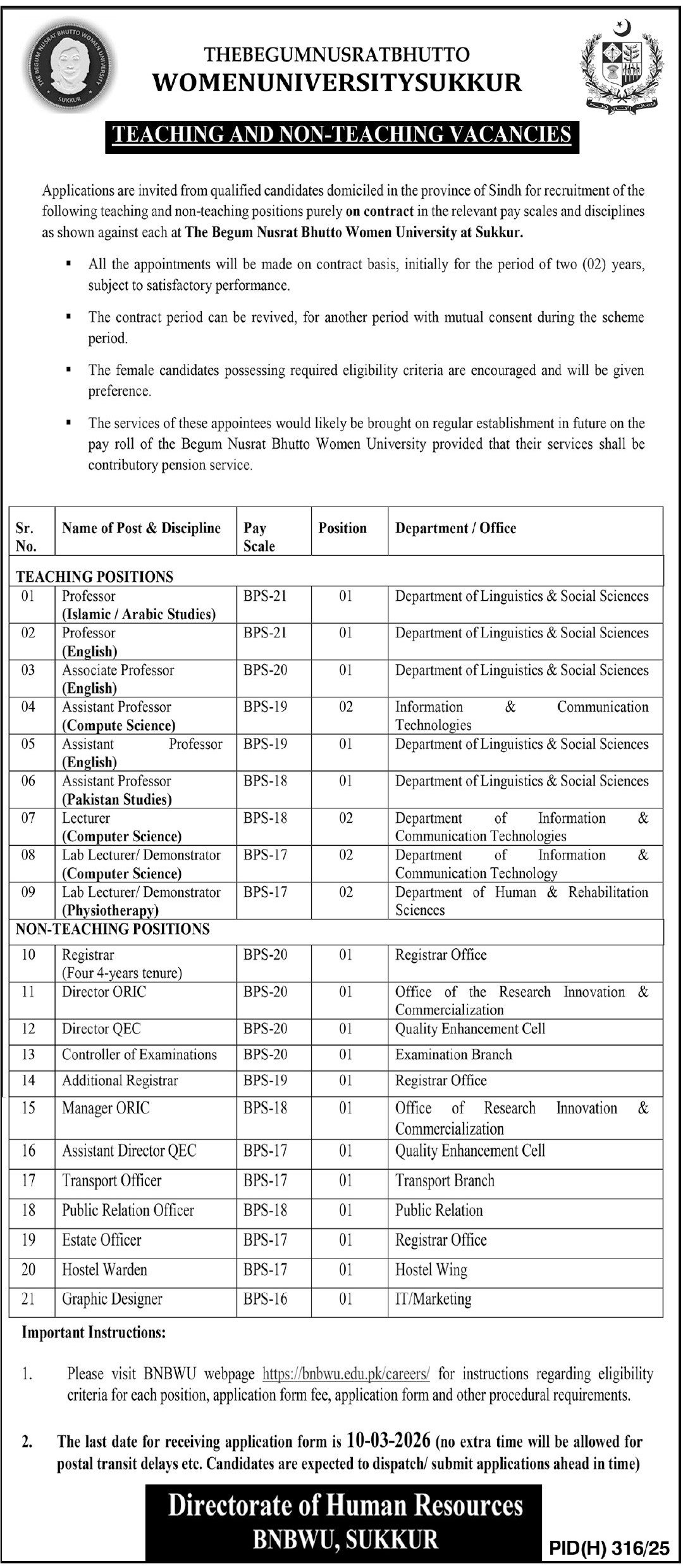 The Begum Nusrat Bhutto Women University Sukkur Jobs 2026 Jobs 2026 — original advertisement
