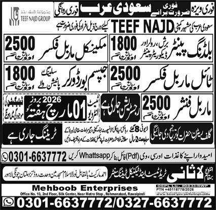 Roller Painter & Mechanical Marble Fixer Jobs 2026 – Lasani Trade Test & Technical Training Center Jobs 2026 — original advertisement