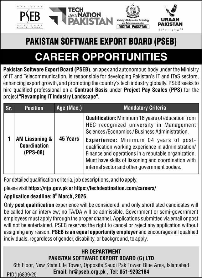 Pakistan Software Export Board PSEB Islamabad Jobs 2026 Jobs 2026 — original advertisement