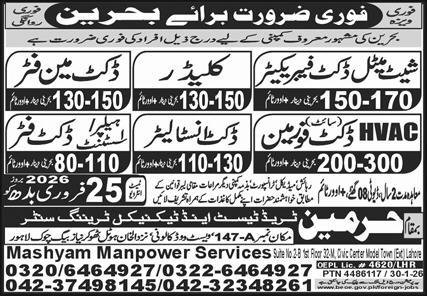 Sheet Metal Duct Fabricator & Duct Man Fitter Jobs 2026 – Harmain Trade Test & Technical Training Center Jobs 2026 — original advertisement