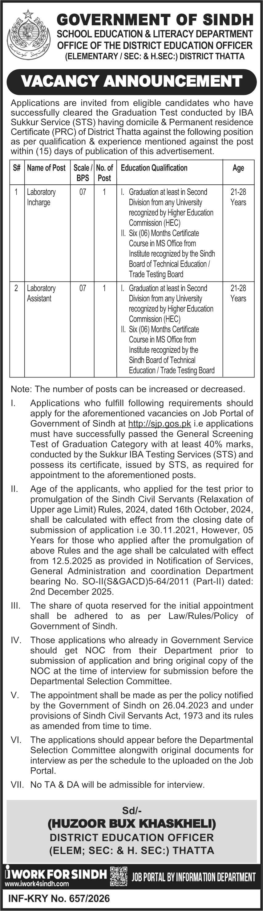 School Education And Literacy Department Thatta Jobs 2026 – School Education & Literacy Department Sindh Jobs 2026 — original advertisement