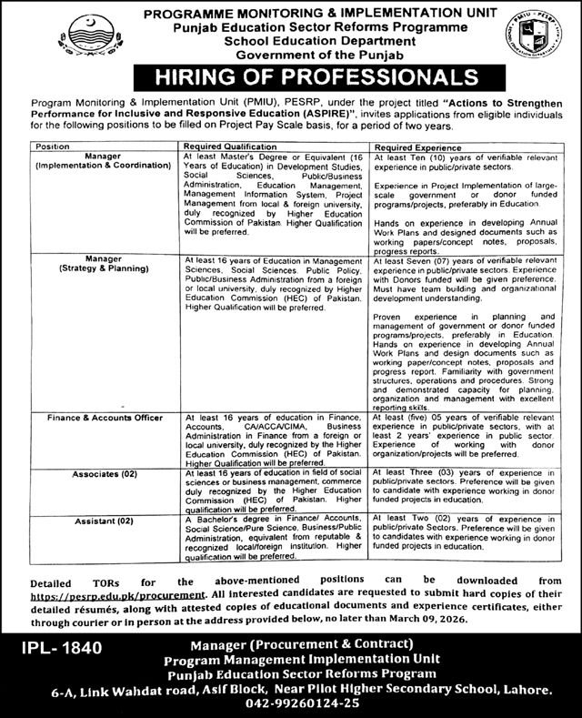 School Education Department Lahore Jobs 2026 – School Education Department Punjab Jobs 2026 — original advertisement