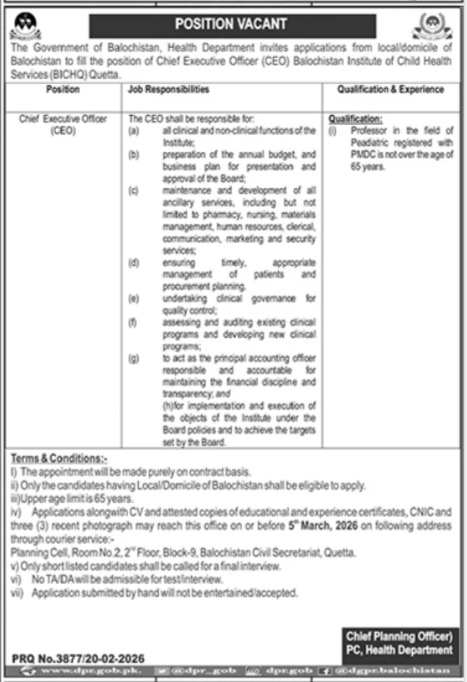 Health Department Quetta Jobs 2026 – Health Department Balochsitan Jobs 2026 — original advertisement