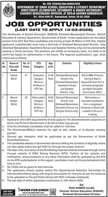 School Education & Literacy Department Nawabshah Jobs 2026 – School Education & Literacy Department Sindh Jobs 2026 — original advertisement