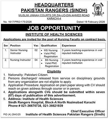Institute Of Health Sciences Pakistan Rangers Sindh Jobs – Sindh Rangers Jobs 2026 — original advertisement