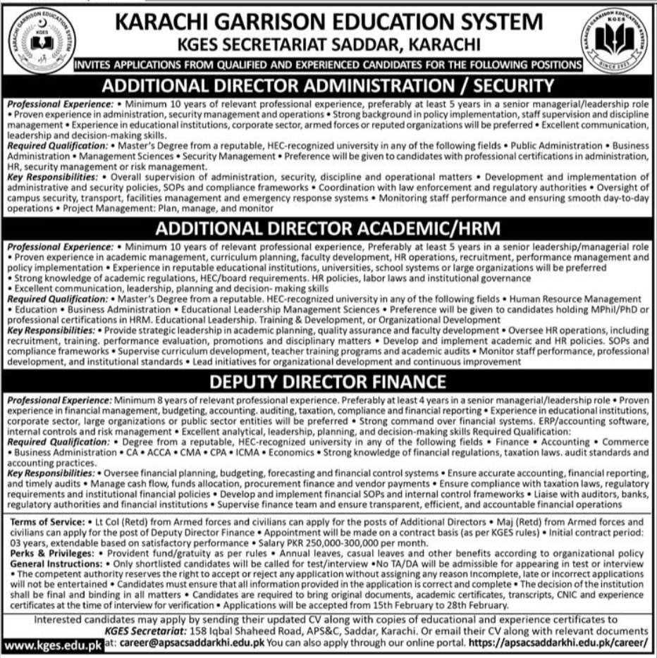 Karachi Garrison Education System KGES Karachi Jobs 2026 – Public Sector Organization Jobs 2026 — original advertisement
