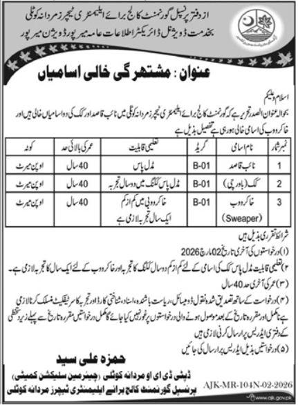 Government College for Elementary Teachers Mirpur Jobs 2026 – Public Sector Organization Jobs 2026 — original advertisement