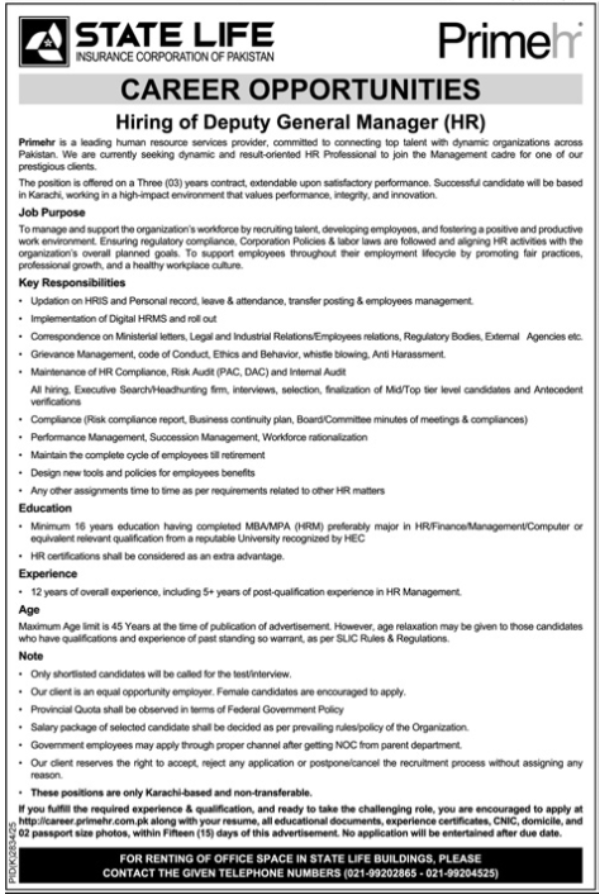 State Life Insurance Corporation of Pakistan Karachi Jobs Jobs 2026 — original advertisement