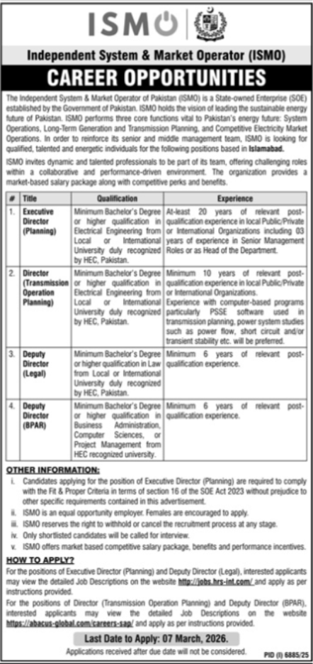 Independent System & Market Operator of Pakistan Jobs 2026 – Public Sector Organization Jobs 2026 — original advertisement