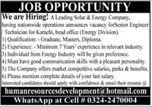 Solar Energy Company Karachi Job 2026 – Private Company Jobs 2026 — original advertisement