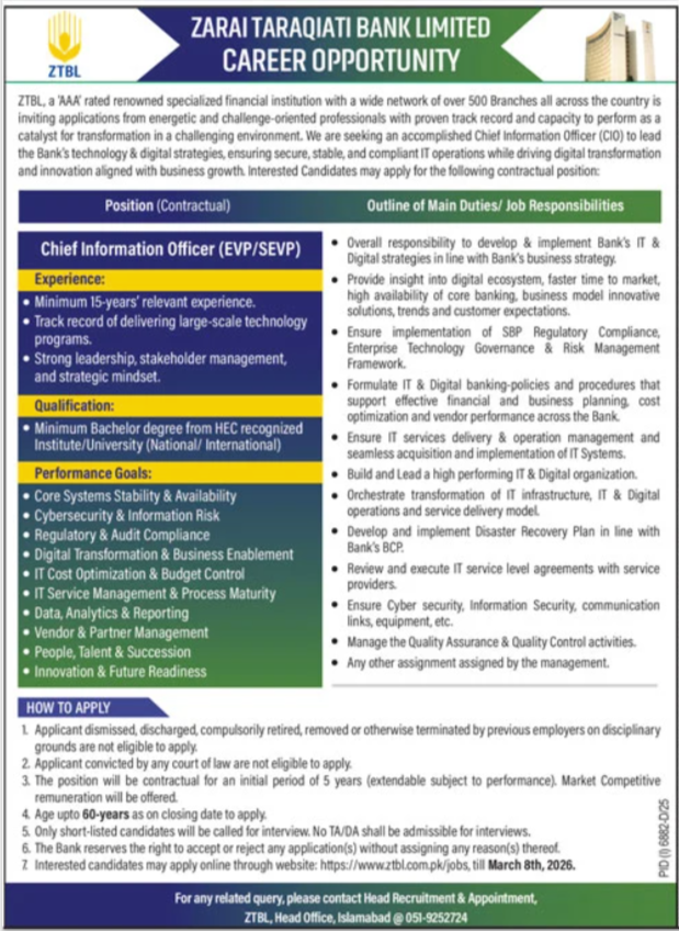 Zarai Taraqiati Bank Limited ZTBL Islamabad Job 2026 Jobs 2026 — original advertisement