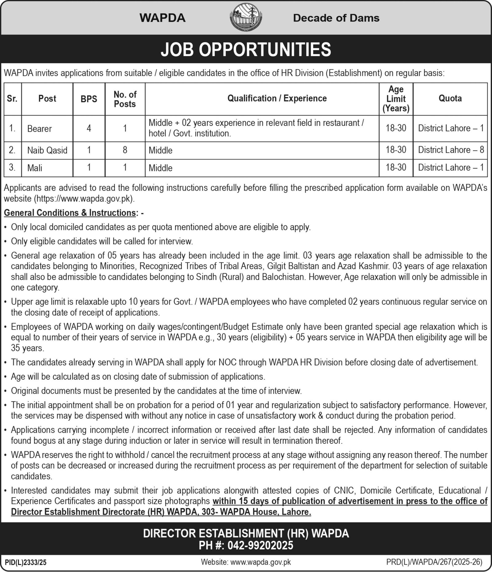 Water and Power Development Authority WAPDA Lahore Jobs 2026 Jobs 2026 — original advertisement