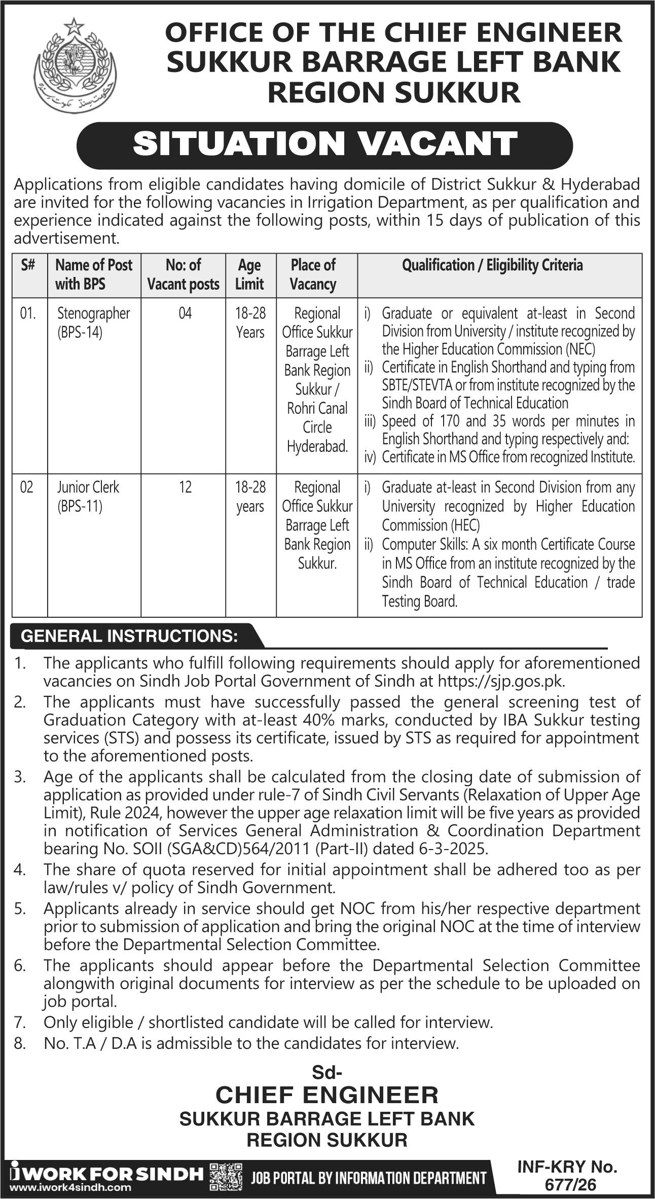 Irrigation Department Sukkur Jobs 2026 – Irrigation Department Sindh Jobs 2026 — original advertisement
