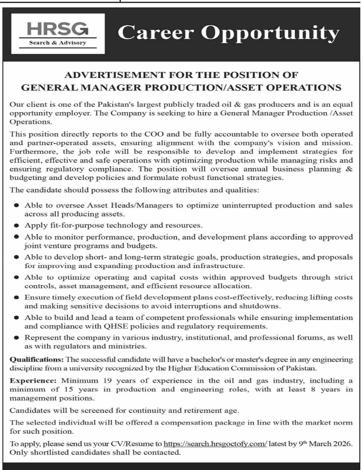 HRSG Outsourcing Pvt Limited  Karachi Jobs 2026 – HRSG People and Business karachi Jobs 2026 — original advertisement
