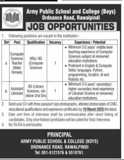 Army Public School & college Boys Ordance Rawalpindi Jobs – Army Public School & College Paksitan Jobs 2026 — original advertisement