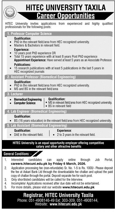 Hitech University Taxila Punjab Jobs 2026 – HITEC University Taxila Jobs 2026 — original advertisement