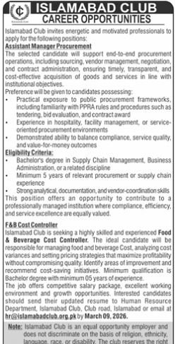 Islamabad Club Islamabad Jobs 2026 Jobs 2026 — original advertisement