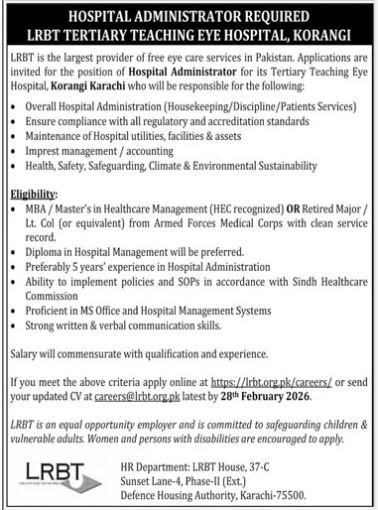 LRBT TERTIARY TEACHING EYE HOSPITAL, KORANGI Jobs – LRBT Tertiary Eye Teaching  Hospital Jobs 2026 — original advertisement