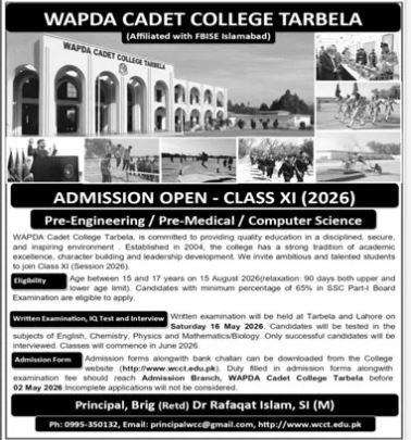 Admission Open in wapda Cadet College Tarbele 2026 – WAPDA Cadet College Tarbela Admissions 2026 — original advertisement