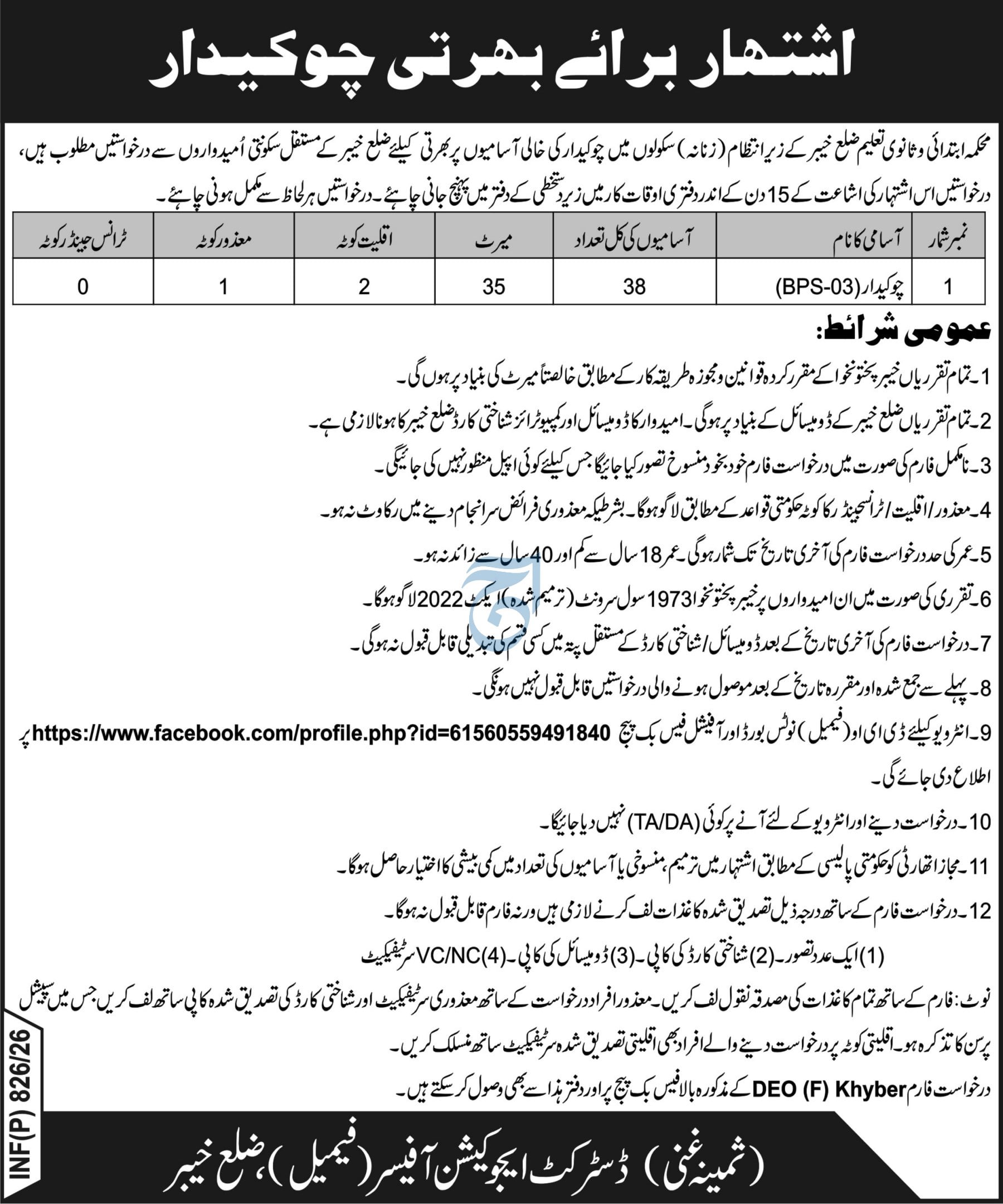 Elementry And Secondry Education District Khyber Jobs 2026 – Elementary & Secondary Education Department KPK Jobs 2026 — original advertisement
