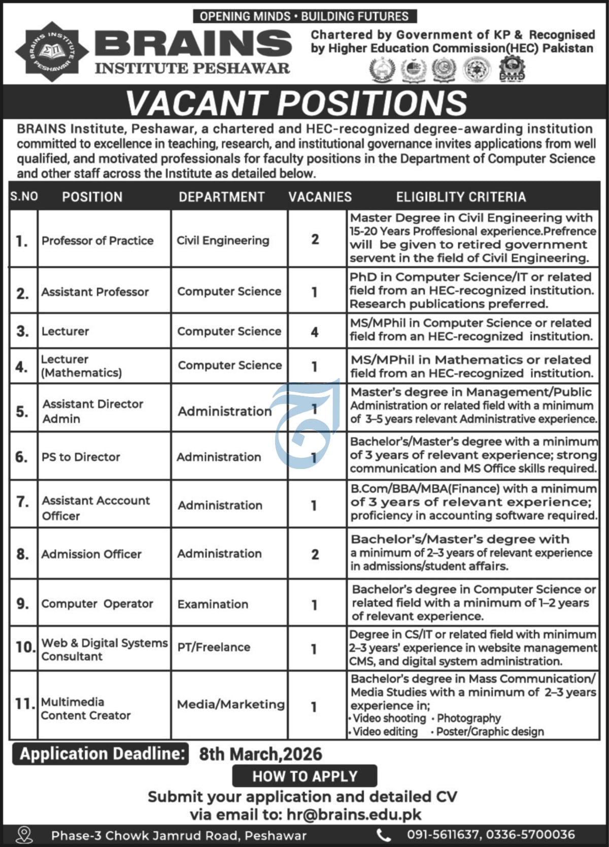 BRAINS Institute Peshawar Khyber Pakhunkhwa Jobs 2026 Jobs 2026 — original advertisement