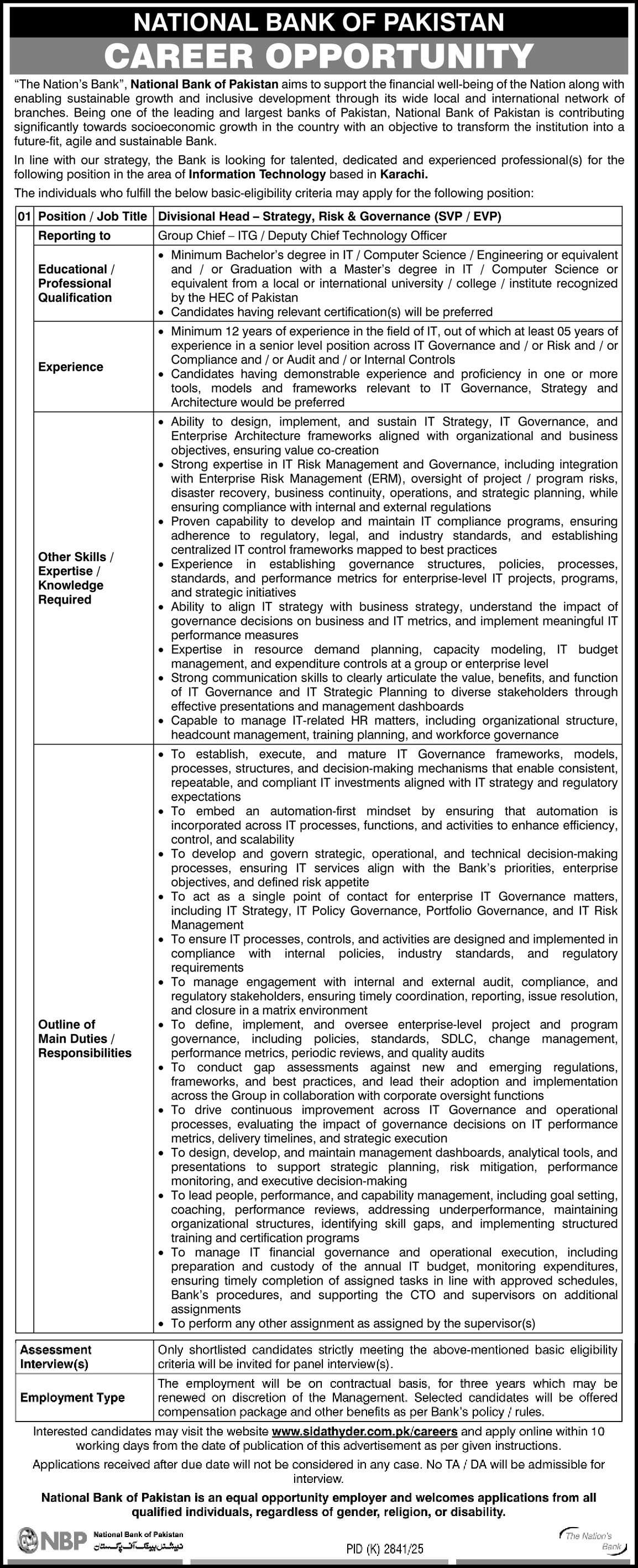 National Bank of Pakistan NBP Karachi Jobs 2026 Jobs 2026 — original advertisement