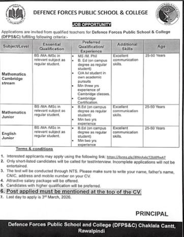 Defence Forces Public School & College (DFPS&C) Jobs 2026 – Public Sector Organization Jobs 2026 — original advertisement