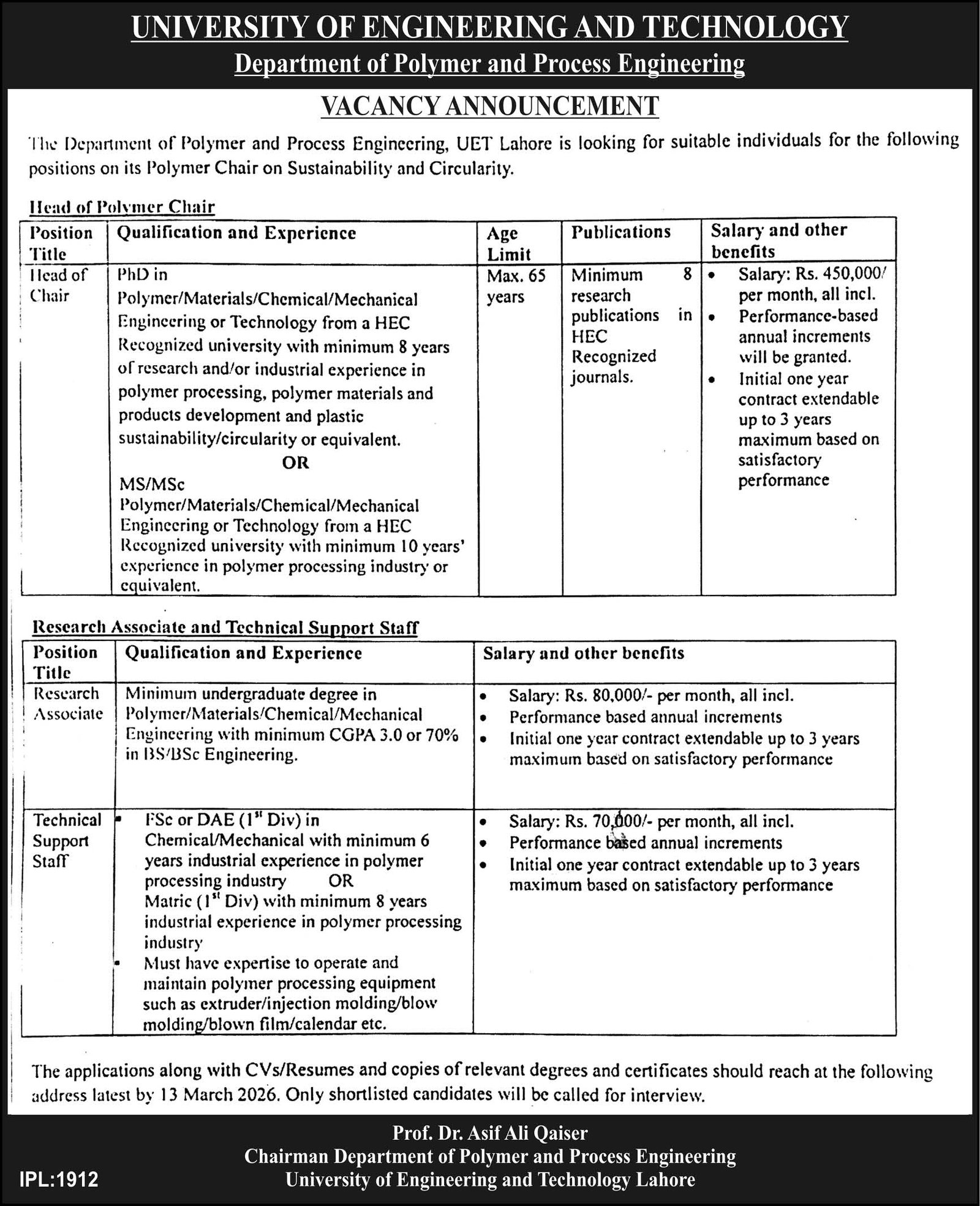 University Of Engineering And Technology UET Lahore Jobs – University of Engineering  & Technology Lahore Jobs 2026 — original advertisement