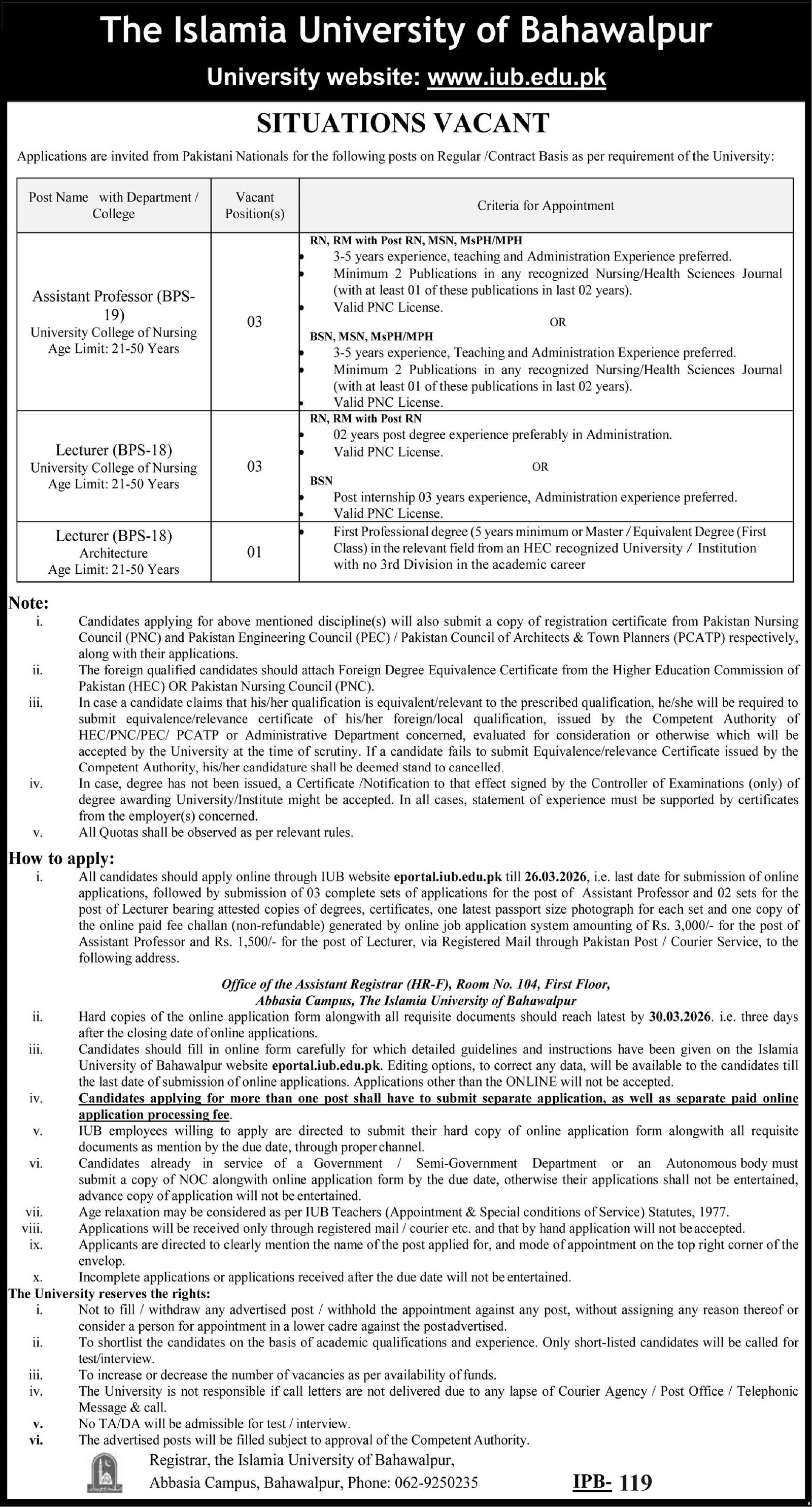 The Islamia University Of Bahawalpur Jobs 2026 – The Islamic University of Bahawalpur Jobs 2026 — original advertisement