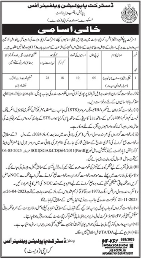 District Population Welfare Office Karachi Job 2026 – Population Welfare Department Sindh Jobs 2026 — original advertisement