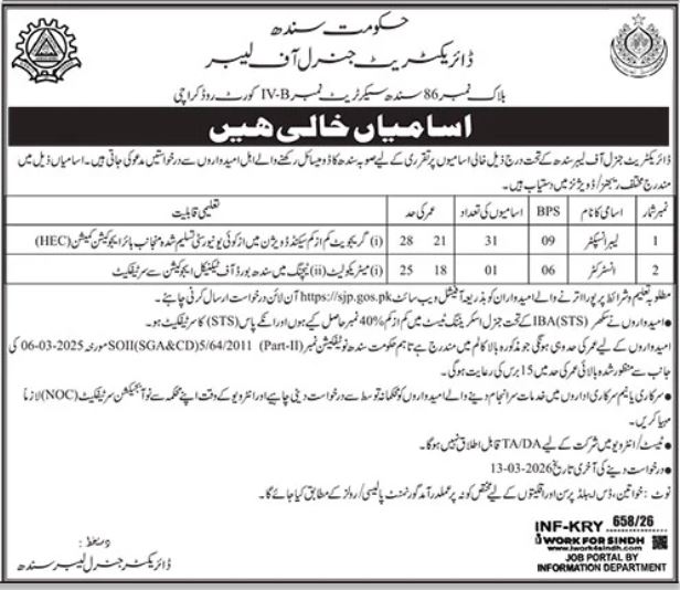 Directorate General Of Labour Karachi Jobs 2026 – Govt of Sindh Jobs 2026 — original advertisement