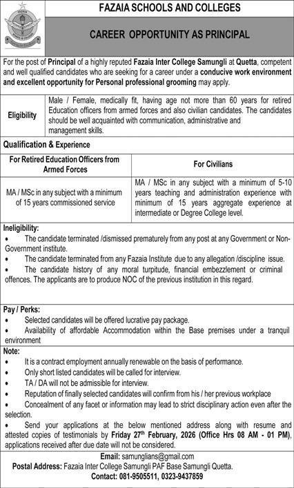 Fazaia Schools And Colleges Quetta Job 2026 – Fazaia Schools & Colleges Jobs 2026 — original advertisement