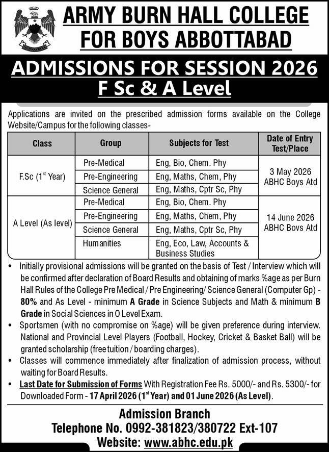 Admissions Open in Army Burn Hall For Boys Abbotabad – Army Burn Hall College Abbottabad Admissions 2026 — original advertisement