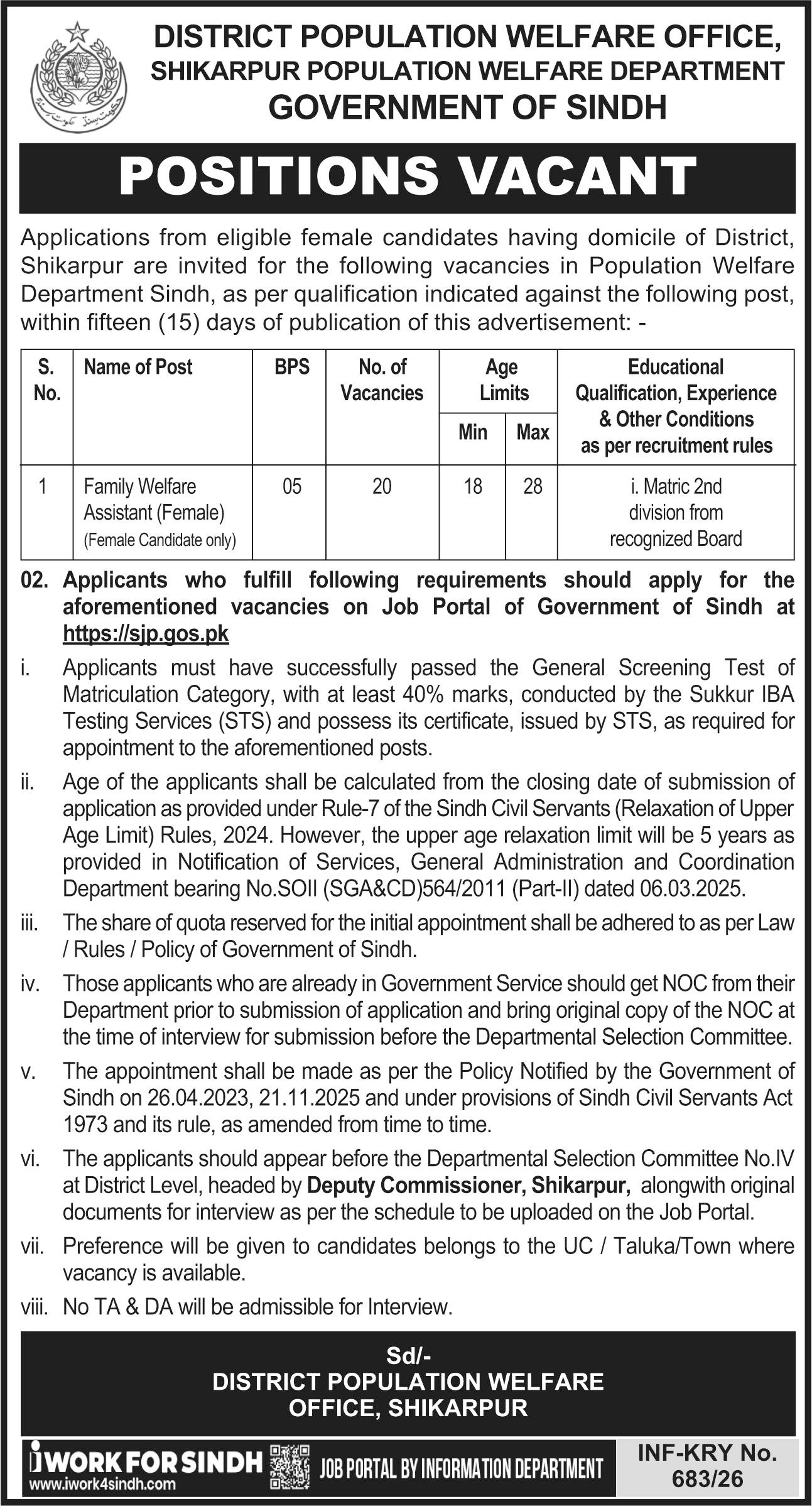District Population Welfare Office PWD Shikarpur Jobs 2026 – Population Welfare Department Sindh Jobs 2026 — original advertisement