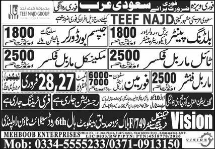 Mechanical Marble Fixer & Stone Foreman Jobs 2026 – Mehboob Enterprises Overseas Employment Promoters Jobs 2026 — original advertisement