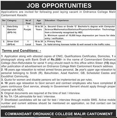 Ordnance College Malir Karachi Jobs 2026 – Pakistan Army Jobs 2026 — original advertisement