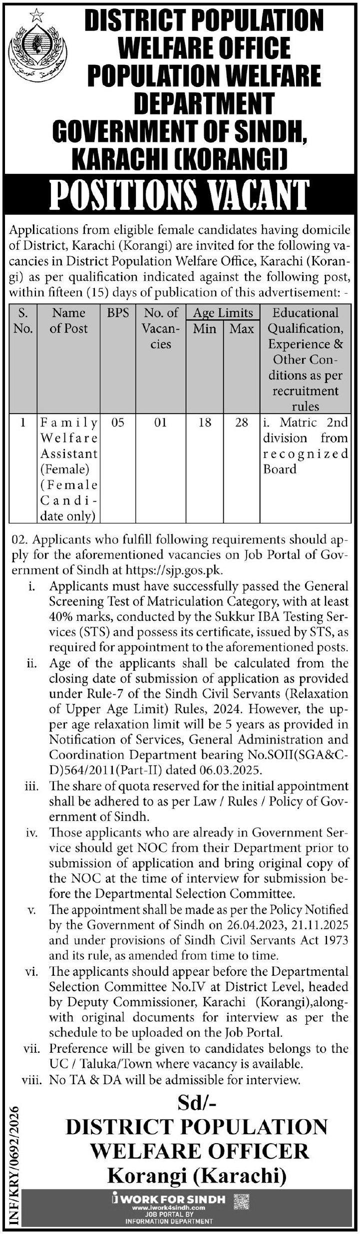 Population Welfare Department Korangi Karachi Jobs 2026 – Population Welfare Department Sindh Jobs 2026 — original advertisement