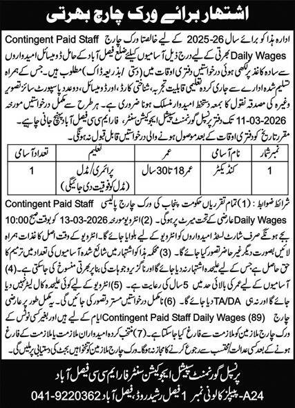 Govt Special Education Centre Faisalabad Jobs 2026 – Special Education Department Punjab Jobs 2026 — original advertisement