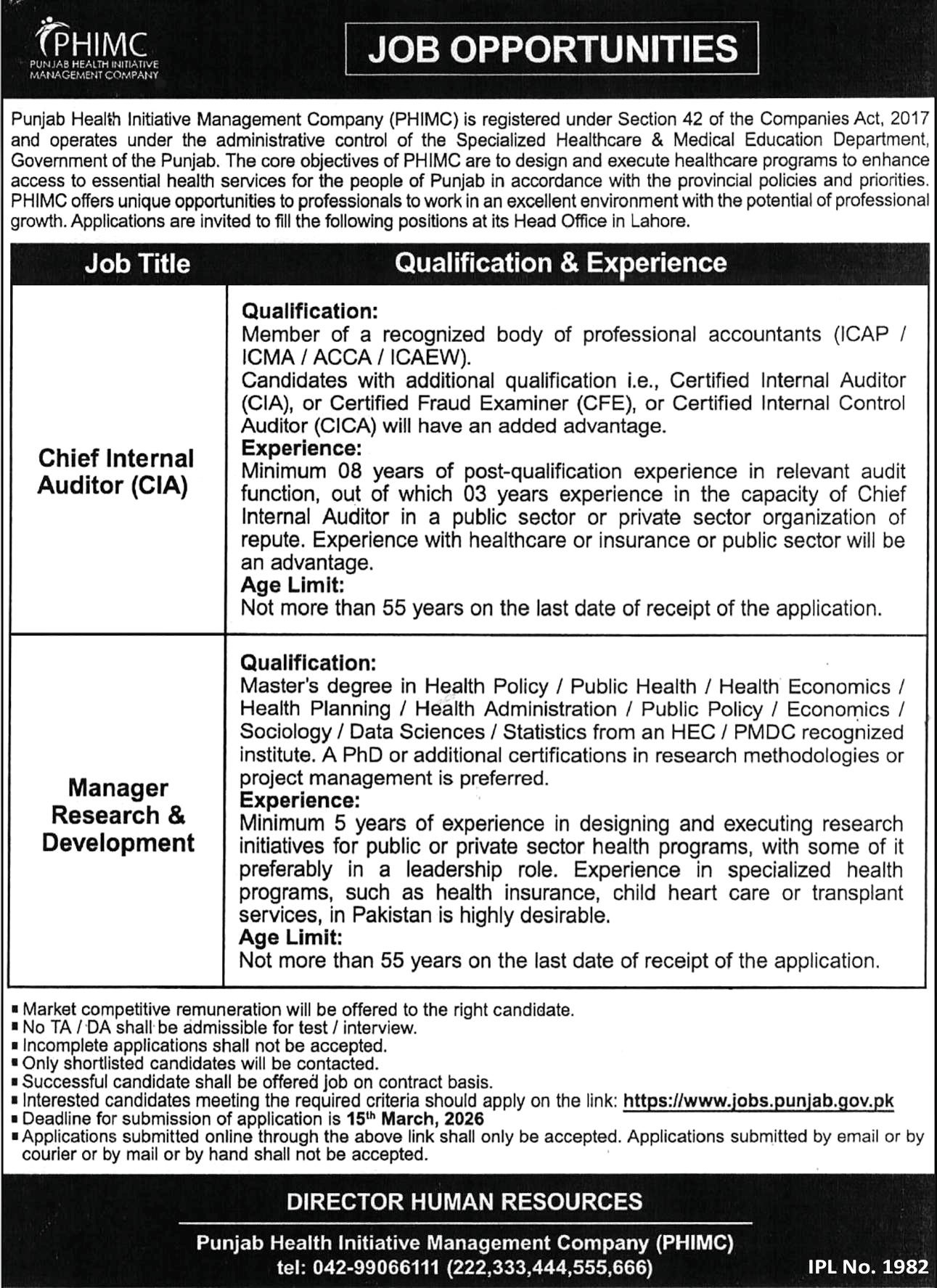 Punjab Health Initiative Management Company PHIMC Jobs 2026 – Punjab Health Facilities Management Company PHFMC Jobs 2026 — original advertisement