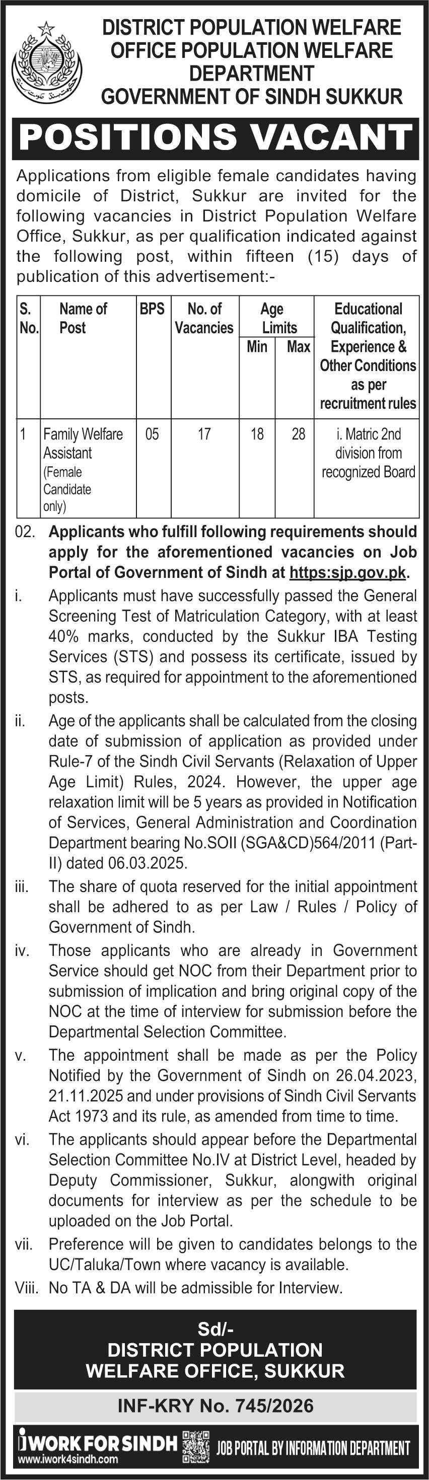 Population Welfare Department Sukkur Job 2026 – Population Welfare Department Sindh Jobs 2026 — original advertisement