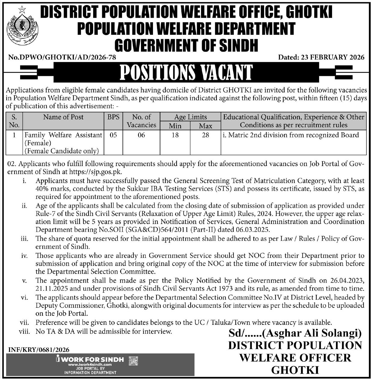 District Population Welfare Officer Ghotki Jobs 2026 – Population Welfare Department Sindh Jobs 2026 — original advertisement