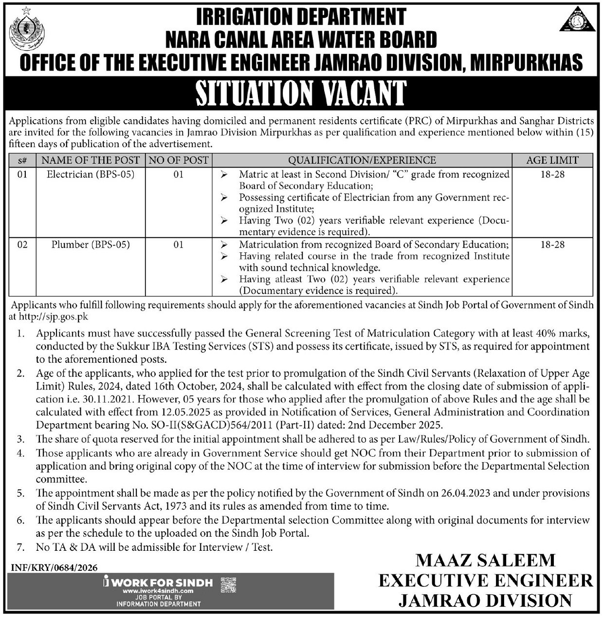 Nara Canal Area Water Board Jamshoro Division Jobs 2026 – Irrigation Department Sindh Jobs 2026 — original advertisement