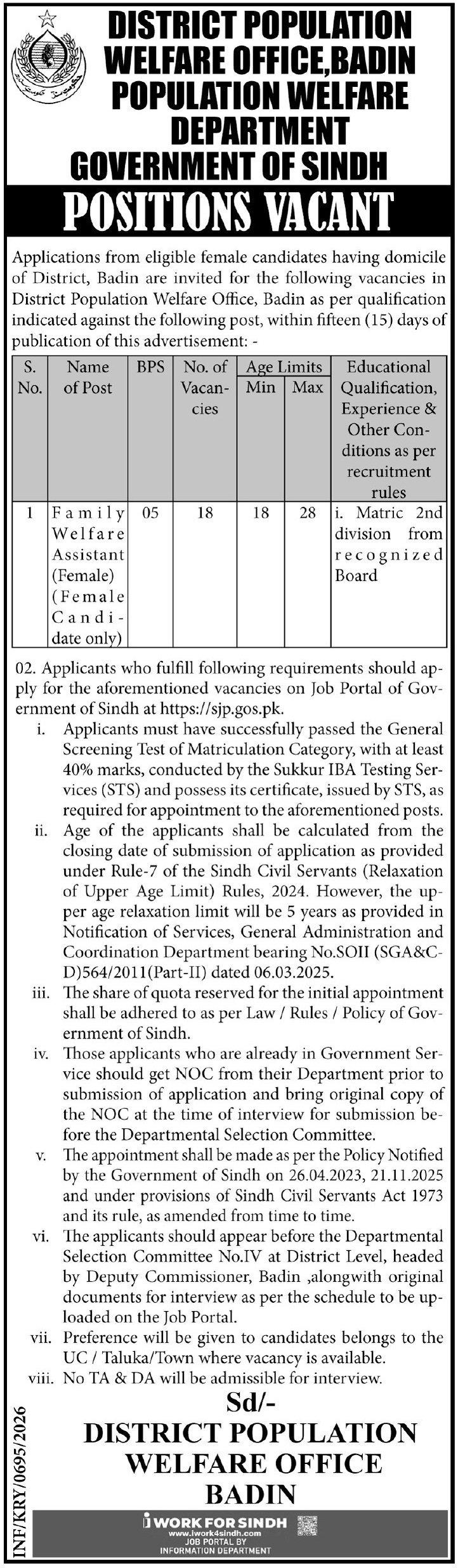 District Population Welfare Office PWD Badin Jobs 2026 – Population Welfare Department Sindh Jobs 2026 — original advertisement